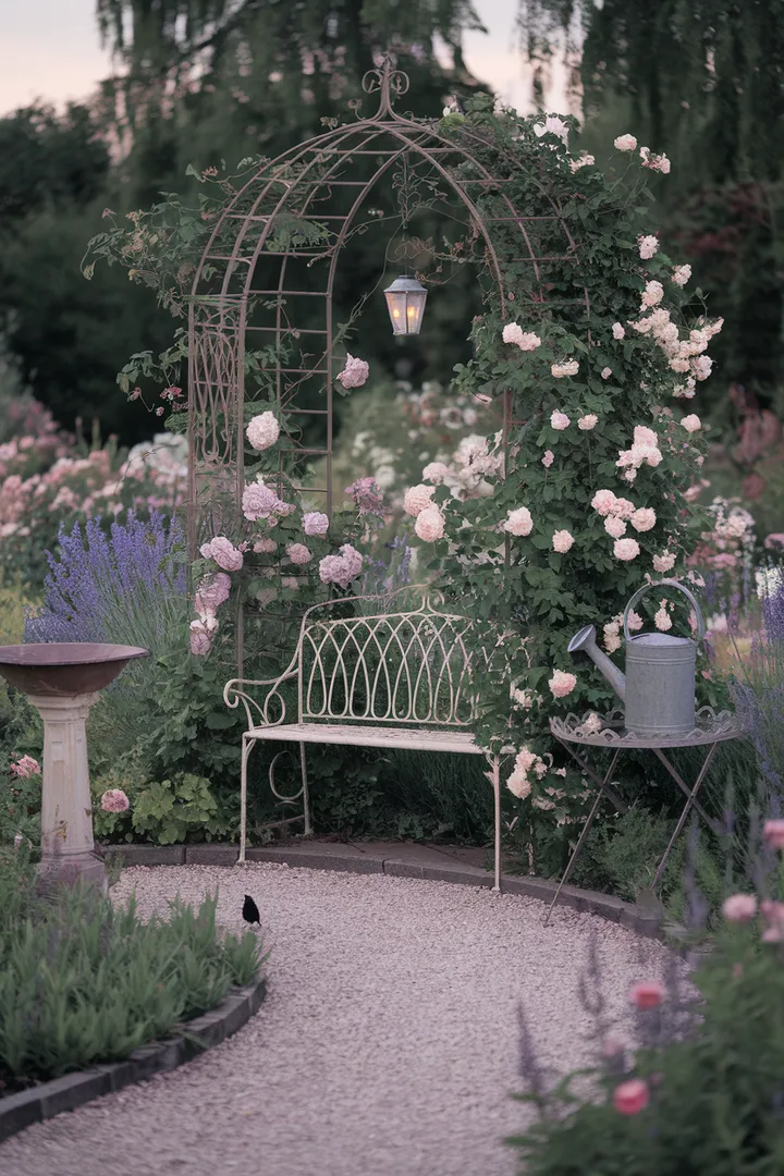 Ein romantischer Garten mit üppigen Blumen, einer verschnörkelten Bank unter einem Rosenbogen und einem Vogel, der neugierig das Grün erkundet.