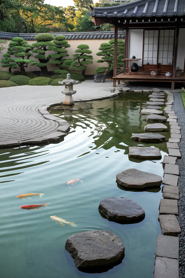 Ein japanischer Garten mit geschwungenen Bonsais, einer Kiesfläche mit harmonischen Linien und einem Teich mit leuchtenden Koi-Fischen.