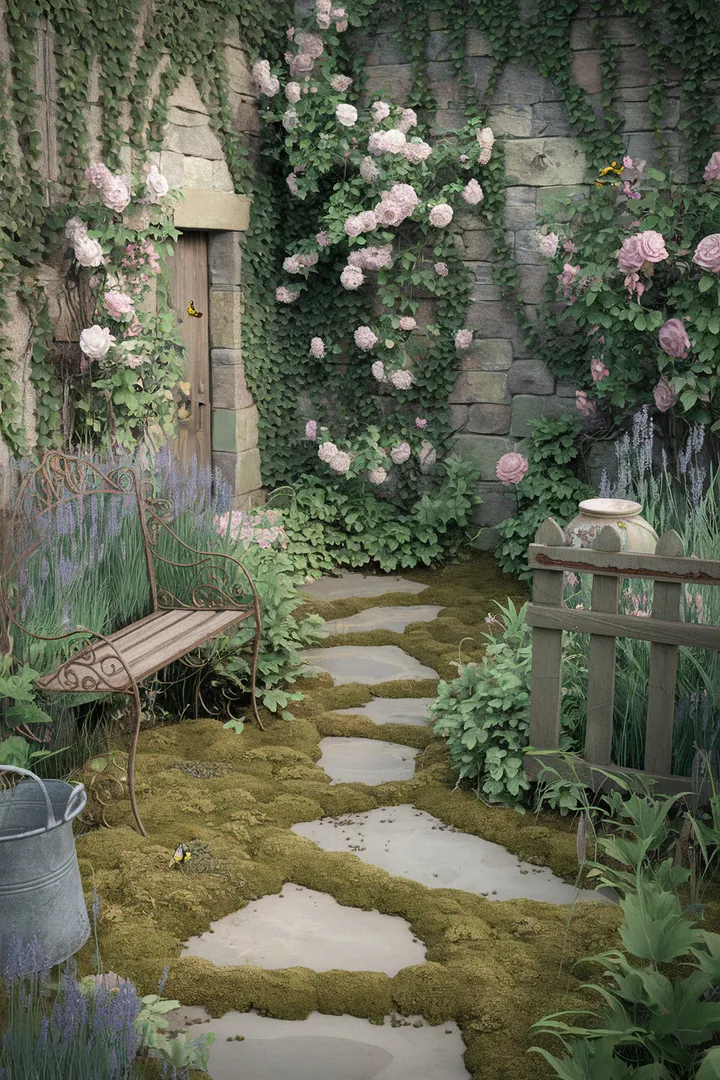 Ein verwunschener Moosgarten mit einer alten Steinmauer, einer Holztür und einem geschwungenen Pfad aus Trittsteinen zwischen üppiger Bepflanzung.