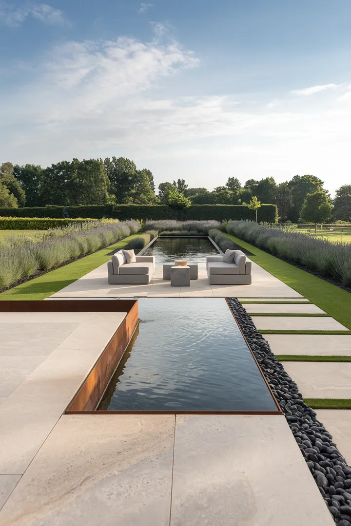 Eine moderne Gartengestaltung mit einem eleganten Wasserbecken, symmetrischen Lavendelreihen und stilvollen Sitzgelegenheiten unter freiem Himmel.
