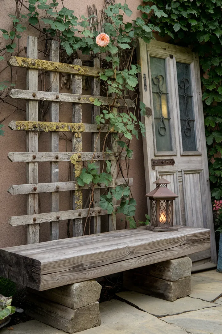Ein rustikaler Garten mit einer massiven Holzbank aus alten Balken, einer mit Efeu bewachsenen Wand und einer Laterne für gemütliche Stimmung.