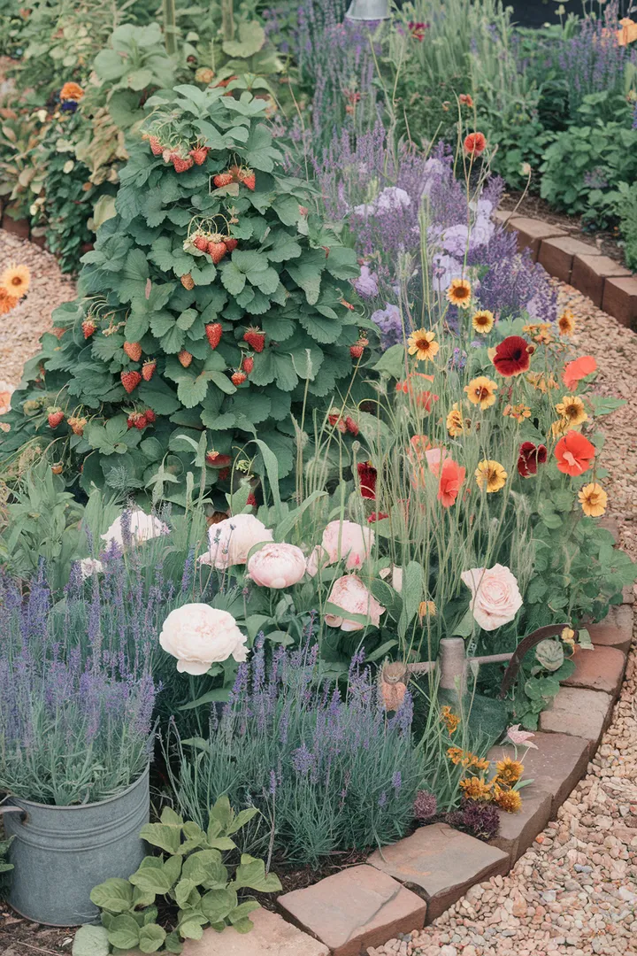 Ein üppig bepflanztes Beet mit Erdbeeren, Lavendel und bunten Blumen, das sich perfekt für einen Selbstversorger-Garten eignet.