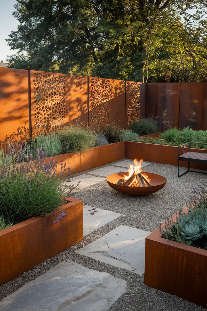 Ein moderner Garten mit markanten Cortenstahl-Elementen, gemütlicher Feuerstelle und stilvollen Pflanzbeeten für eine warme Atmosphäre.
