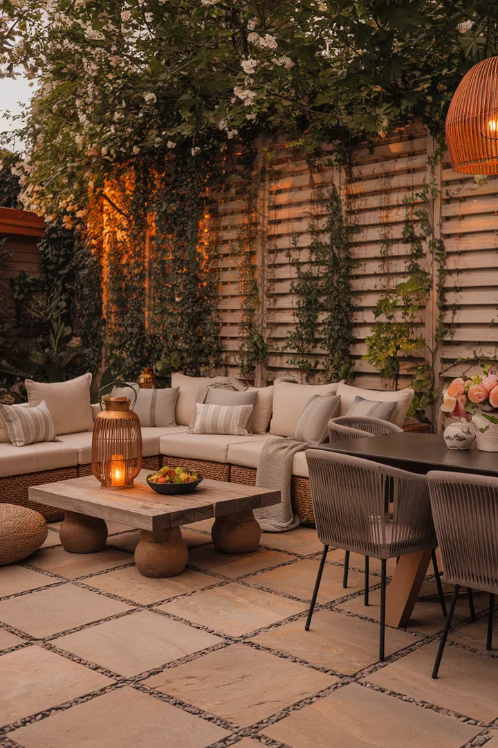 Eine stilvolle Outdoor-Lounge mit modernen Terrassenmöbeln, stimmungsvollem Licht und üppigem Grün als perfekte Rückzugsoase.