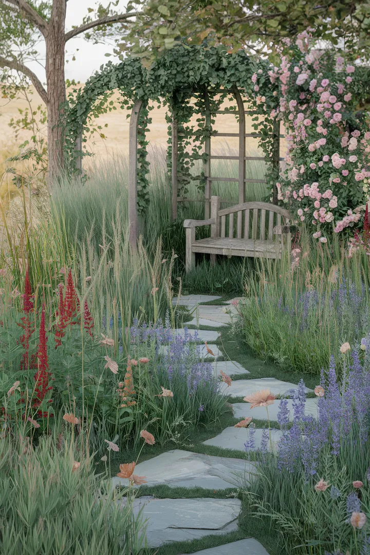 Ein malerischer Garten mit einer verwunschenen Holzbank unter einem mit Rosen bewachsenen Rankbogen, umgeben von Wildblumen.