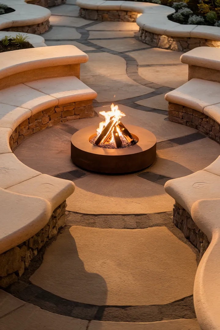 Eine kreisförmig angelegte Feuerstelle mit gemauerten Sitzbänken, die eine warme und gesellige Atmosphäre im Garten schafft.