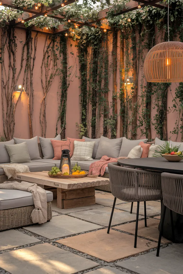 Eine charmante Terrasse mit gemütlicher Polsterlounge, stimmungsvoller Beleuchtung und hängenden Pflanzen für entspannte Sommerabende.