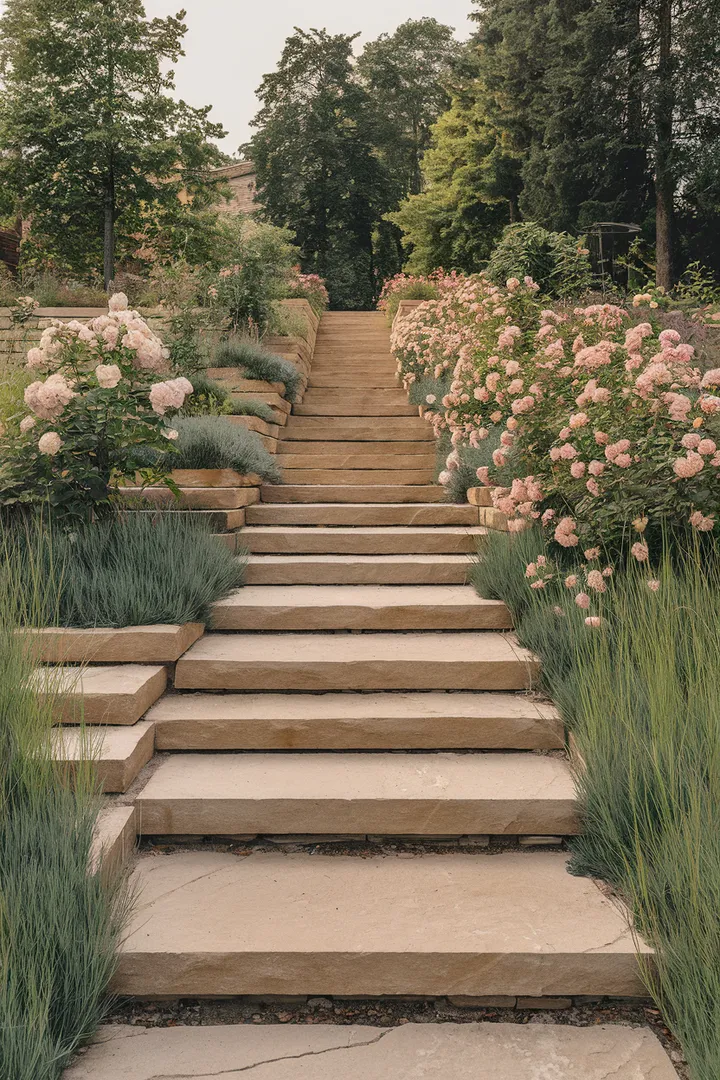 Eine majestätische Gartentreppe aus Naturstein, gesäumt von üppig blühenden Rosen und Ziergräsern, führt durch eine idyllische Landschaft.