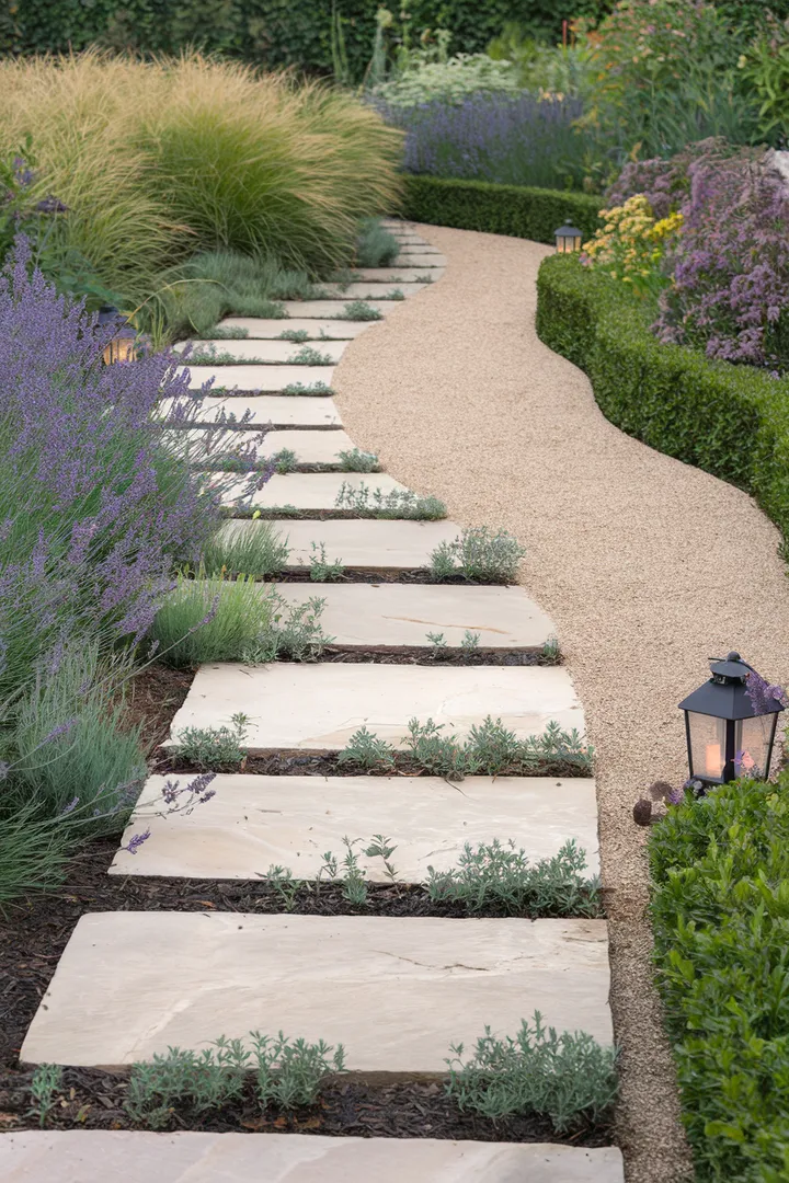 Ein geschwungener Gartenweg aus Natursteinplatten, gesäumt von duftendem Lavendel und hohen Gräsern, lädt zum Spazieren und Verweilen ein.