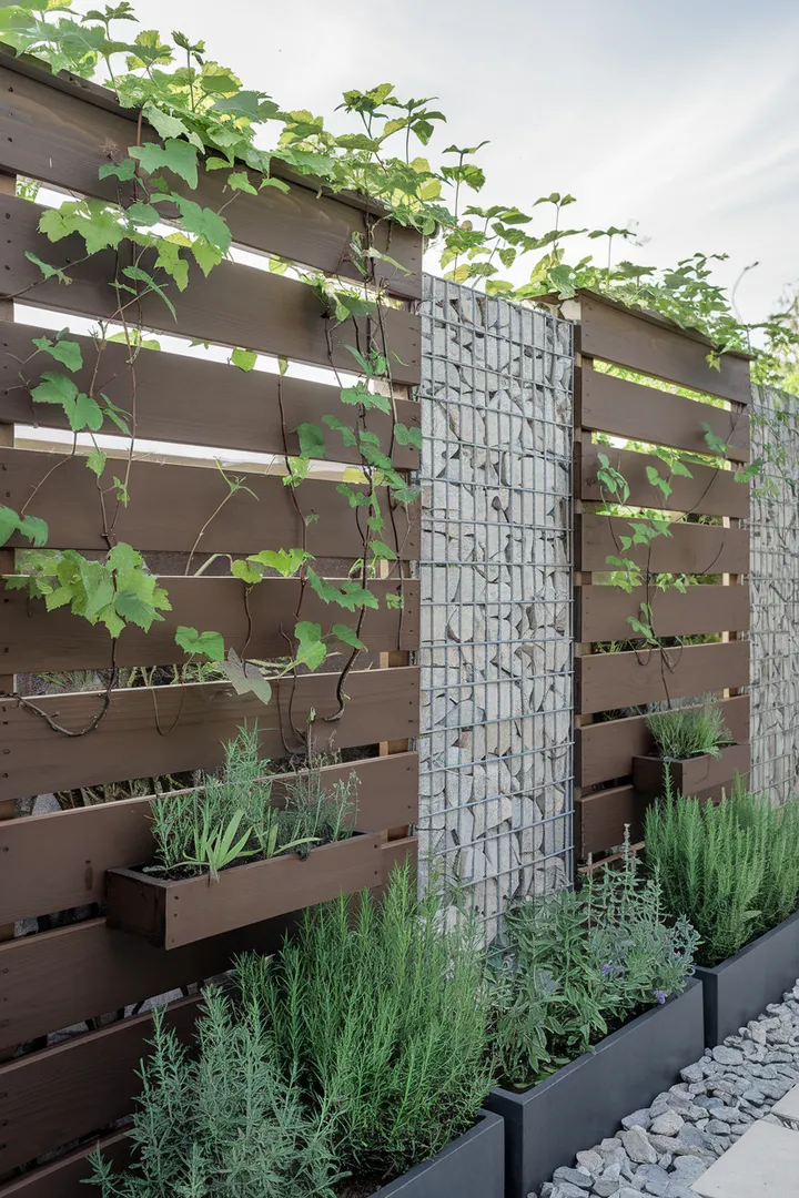 Ein stilvoller Sichtschutz aus Holzlatten und Gabionen, der mit Kletterpflanzen und Kräuterbeeten eine moderne und natürliche Atmosphäre schafft.