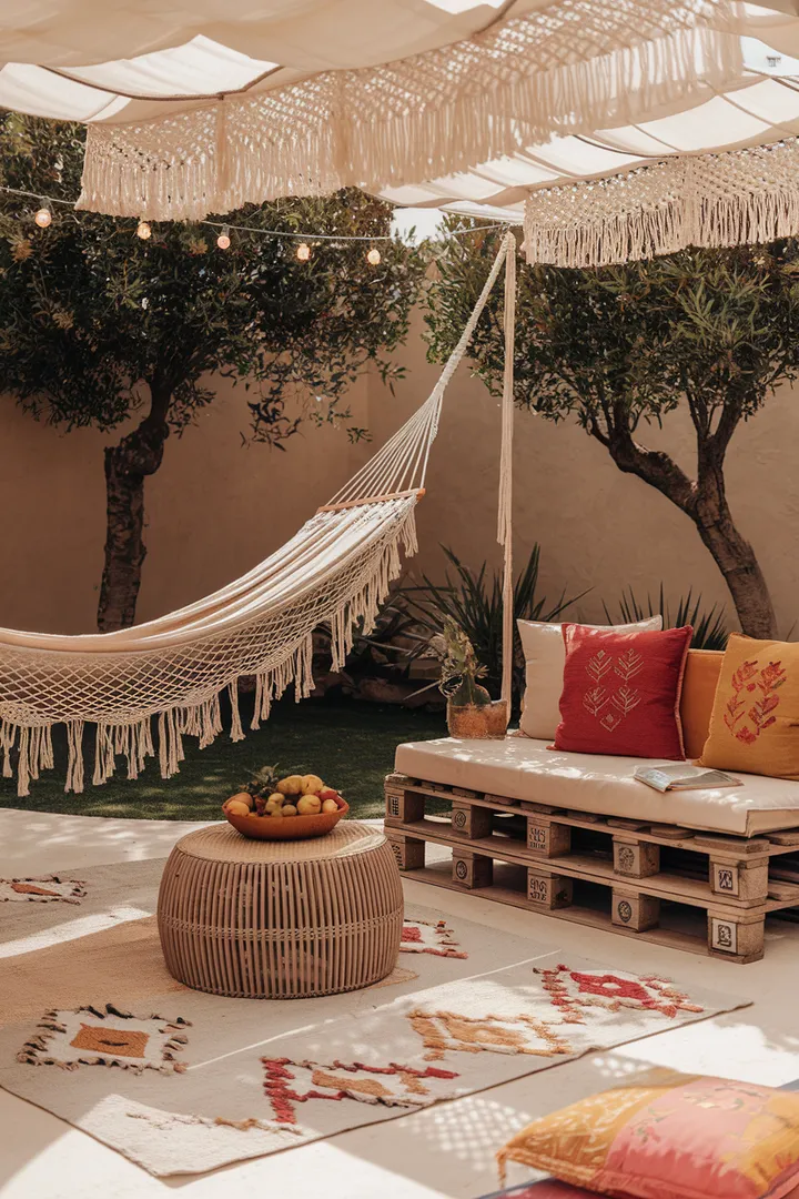 Eine entspannte Boho-Gartenecke mit Makramee-Hängematte, gemütlichen Palettenmöbeln und sanftem Lichterketten-Glanz unter schattenspendenden Tüchern.
