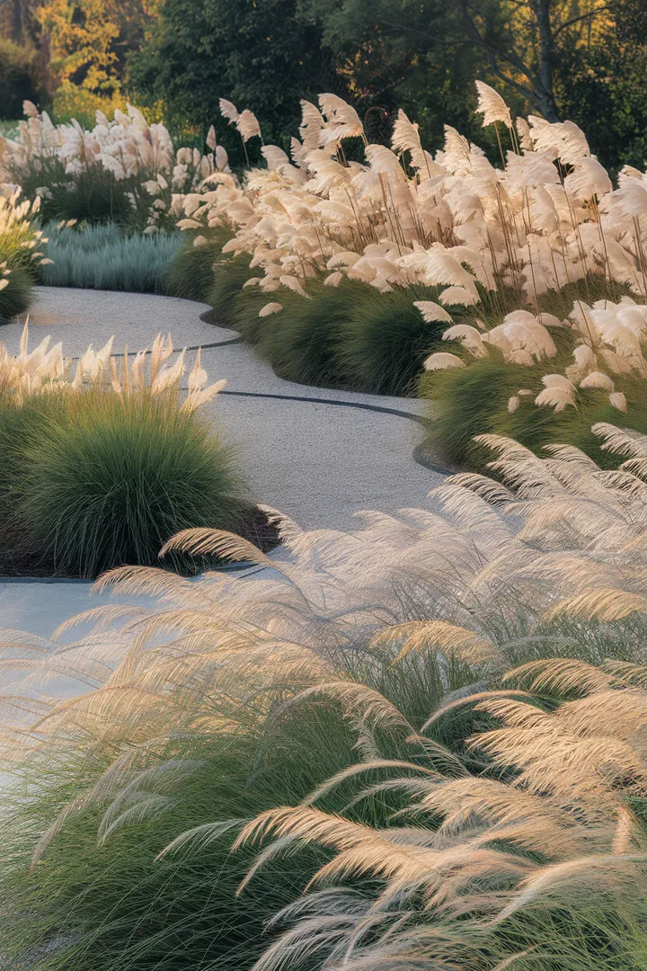 Ein geschwungener Gartenweg wird von sanft wiegenden Ziergräsern gesäumt, die mit ihrem goldenen Schimmer eine elegante und beruhigende Szenerie schaffen.