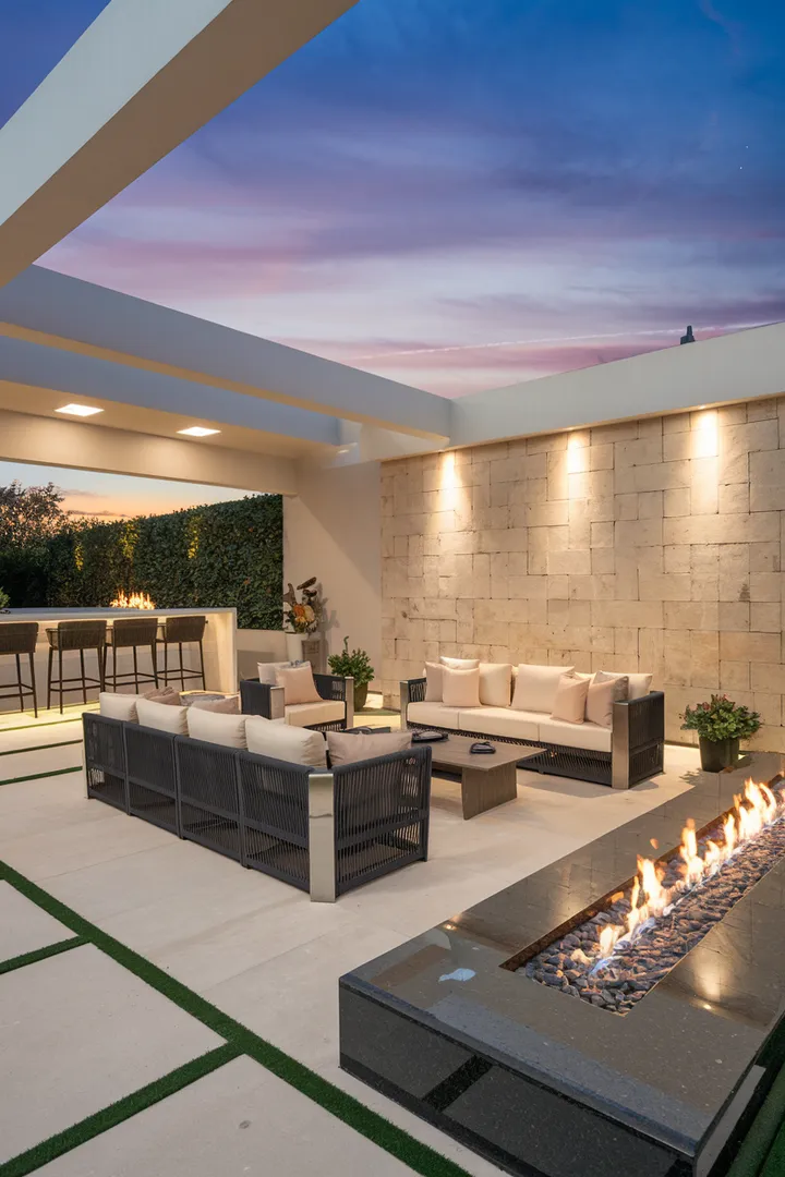 Eine luxuriöse Outdoor-Lounge mit modernen Möbeln, einer langen Feuerstelle und einer stilvollen Bar für entspannte Sommerabende.