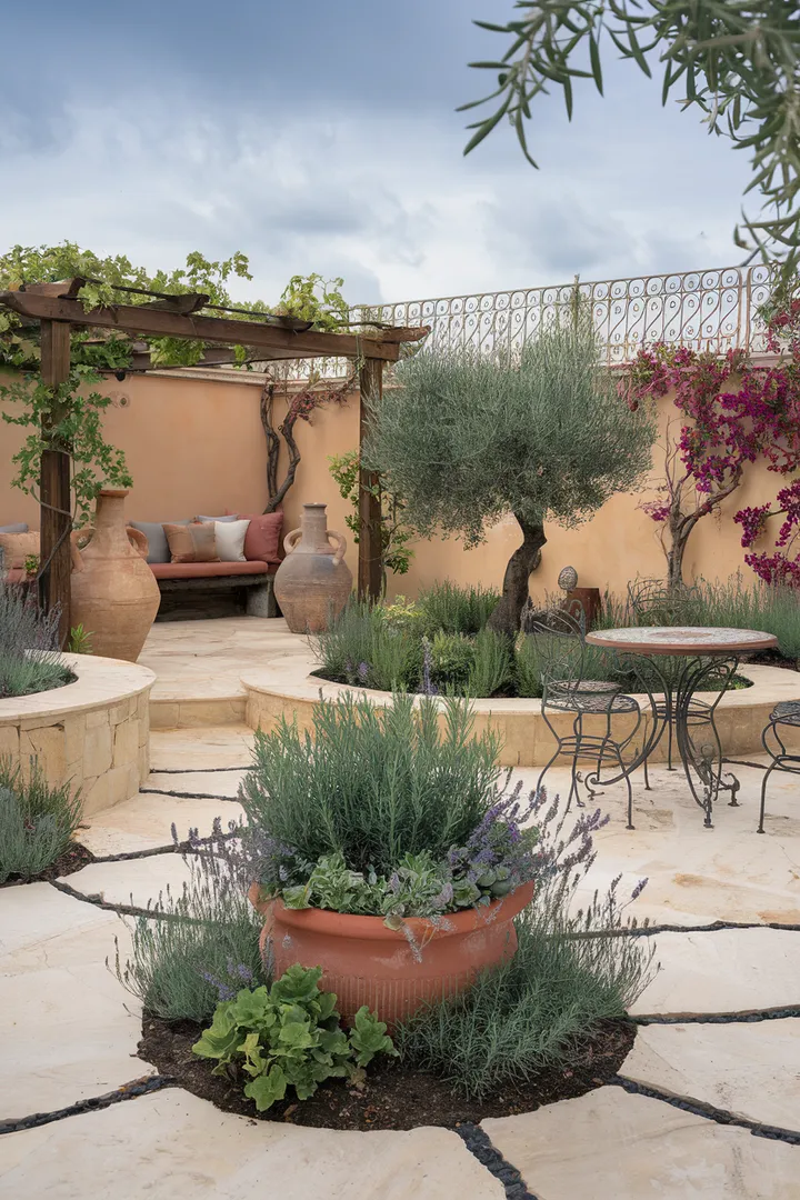 Ein mediterraner Garten mit Olivenbäumen, Lavendel und einer einladenden Pergola, die zum Verweilen im warmen Südfrankreich-Ambiente einlädt.