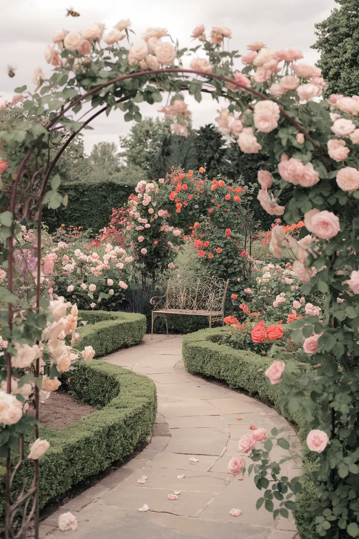 Ein verwunschener Rosengarten mit einem geschwungenen Kiesweg, umrahmt von blühenden Rosenbögen und duftenden Blüten in sanften Pastelltönen.