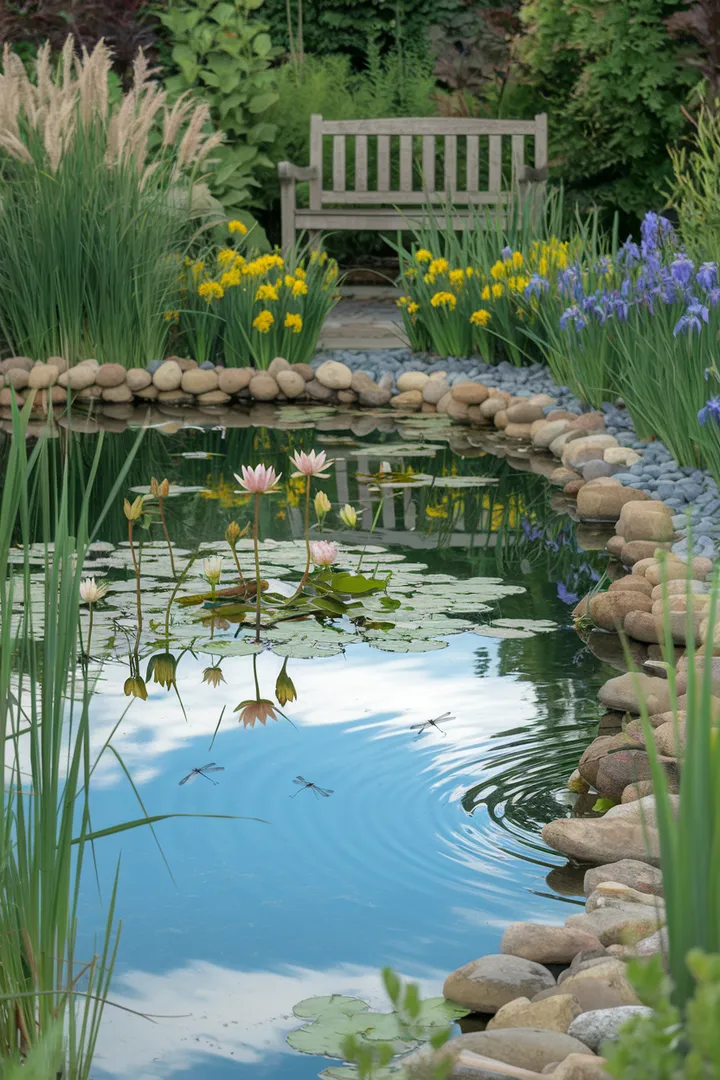 Ein idyllischer Naturteich mit Seerosen, gesäumt von Schilf und blühenden Stauden, in dessen klarem Wasser sich Libellen spiegeln.
