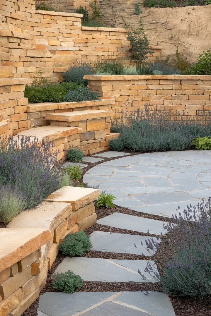 Ein terrassenförmiger Garten mit Natursteinmauern und duftendem Lavendel, der sich harmonisch in die Hanglage einfügt.