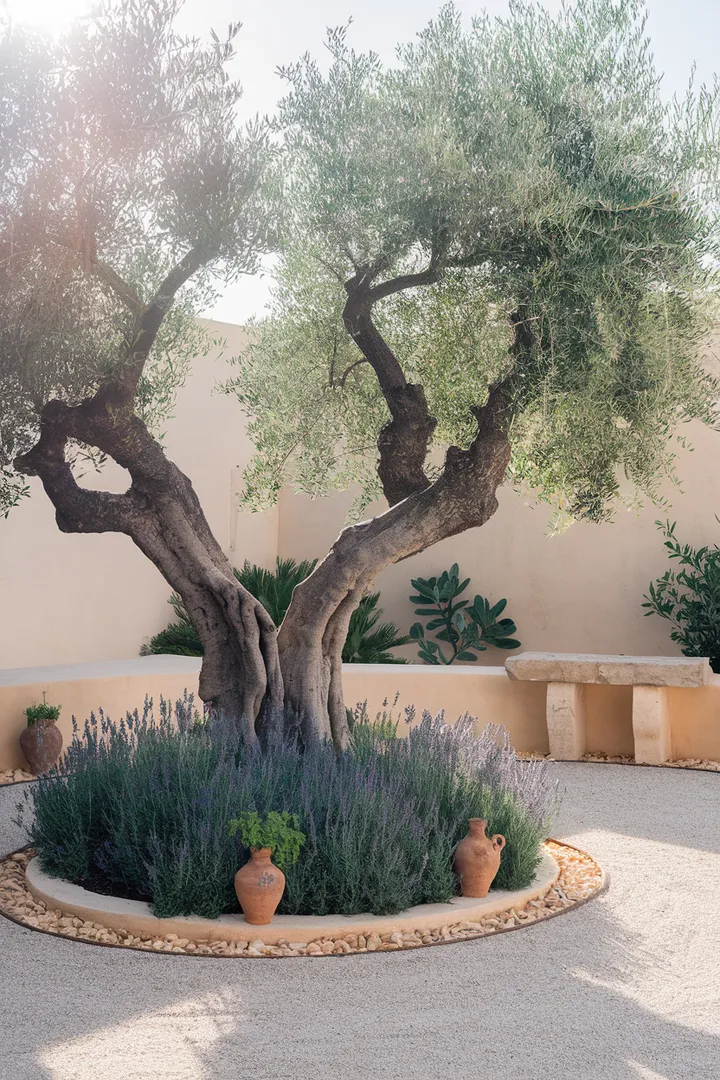 Ein imposanter Olivenbaum thront inmitten eines mediterranen Gartens mit Lavendelbepflanzung und rustikalen Terrassen-Elementen für südländisches Flair.