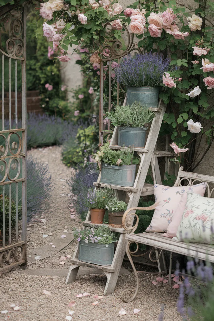 Ein romantischer Garteneingang mit einem alten schmiedeeisernen Tor, flankiert von Rosenbögen und duftendem Lavendel, lädt zum Träumen ein.