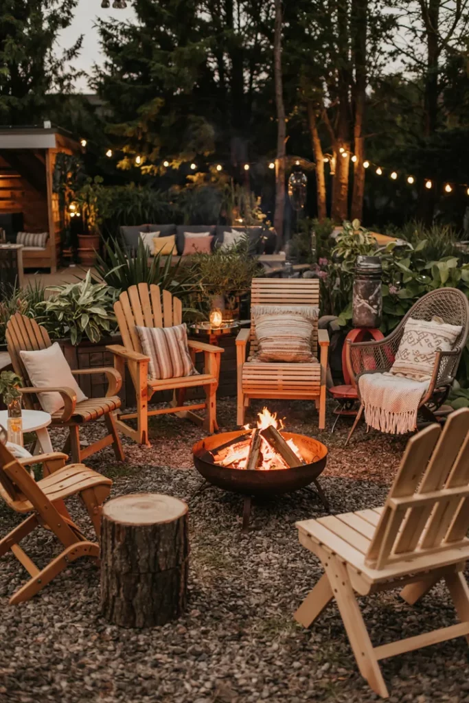 Verschiedene rustikale Holzstühle gruppieren sich um eine offene Feuerstelle und laden zum kreativen Gartensessel-Selberbauen ein.