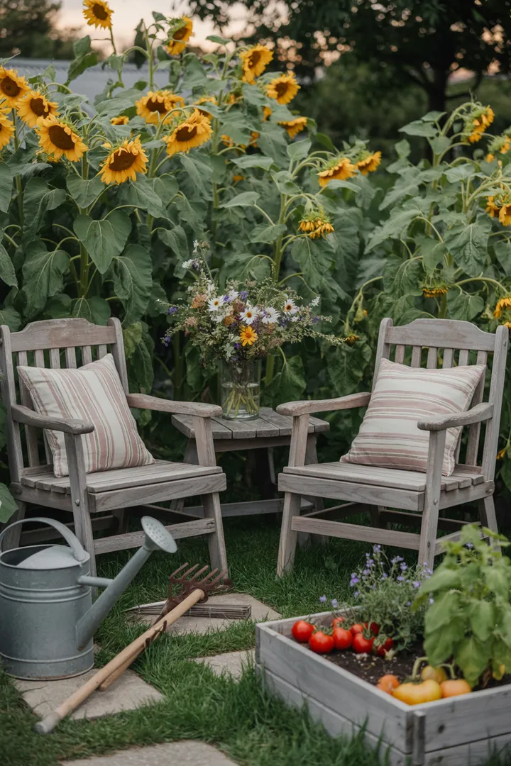 Ein idyllisches ländliches Setting mit üppigen Pflanzen und rustikalen Dekorationen, das die Schönheit eines Bauernhofs widerspiegelt. Perfekte Inspiration für natürliche Gartenideen und kreative Deko-Elemente.