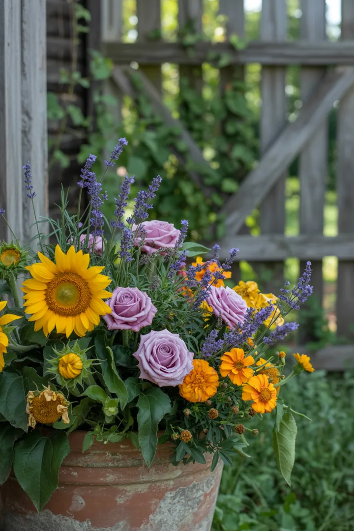 Ein idyllischer ländlicher Rückzugsort mit üppigen Pflanzen, bunten Blumen und einem rustikalen Holzschuppen, der die harmonische Gestaltung eines traditionellen Landhauses inmitten einer grünen Umgebung zeigt.