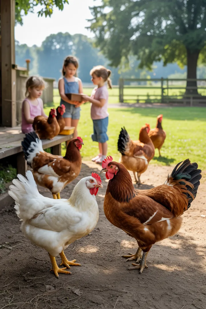 Ein idyllischer ländlicher Bereich mit einem üppigen Garten, in dem verschiedene Tiere harmonisch leben. Die natürliche Umgebung bietet eine friedliche Atmosphäre, ideal für das Leben auf einem Bauernhof.