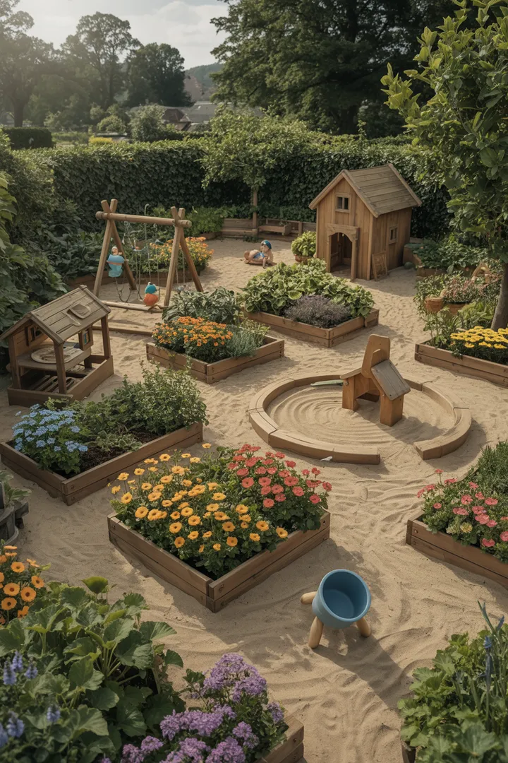 Ein einladender Außenbereich auf einem ländlichen Anwesen, umgeben von üppigem Grün und blühenden Pflanzen. Der gemütliche Platz lädt zum Entspannen ein und bietet eine harmonische Verbindung zur Natur.