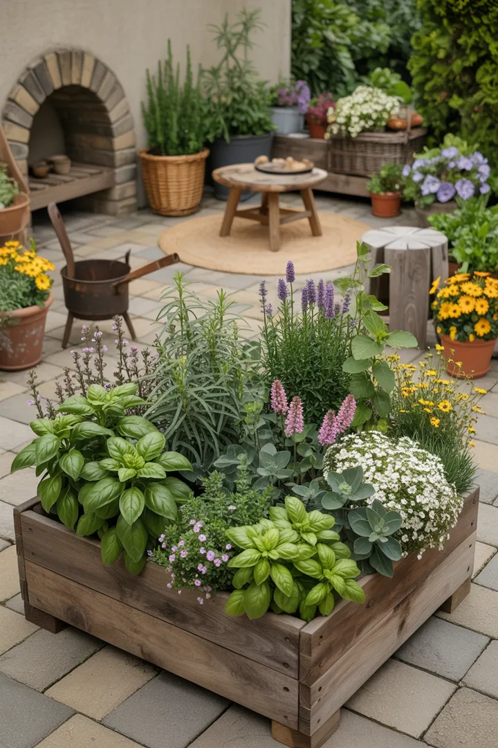 Ein einladender Außenbereich auf einem ländlichen Anwesen, umgeben von üppigem Grün. Gemütliche Möbel laden zum Entspannen ein, ideal für sonnige Tage im Freien. Perfekt für Gartenliebhaber und Naturliebhaber.