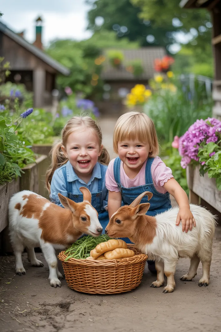 Ein malerischer Außenbereich mit lebhaften Pflanzen und fröhlichen Kindern, die in einem grünen Raum spielen. Die Szene strahlt eine natürliche Atmosphäre aus und zeigt das harmonische Zusammenspiel von Landwirtschaft und Kinderspaß.