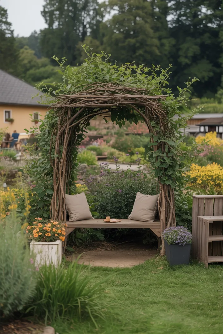 Ein idyllischer ländlicher Rückzugsort mit bunten Pflanzen und Gemüsebeeten, umgeben von sanften Hügeln. Hier harmonieren die Elemente der Natur mit der liebevollen Pflege eines kleinen, nachhaltigen Anbaus.