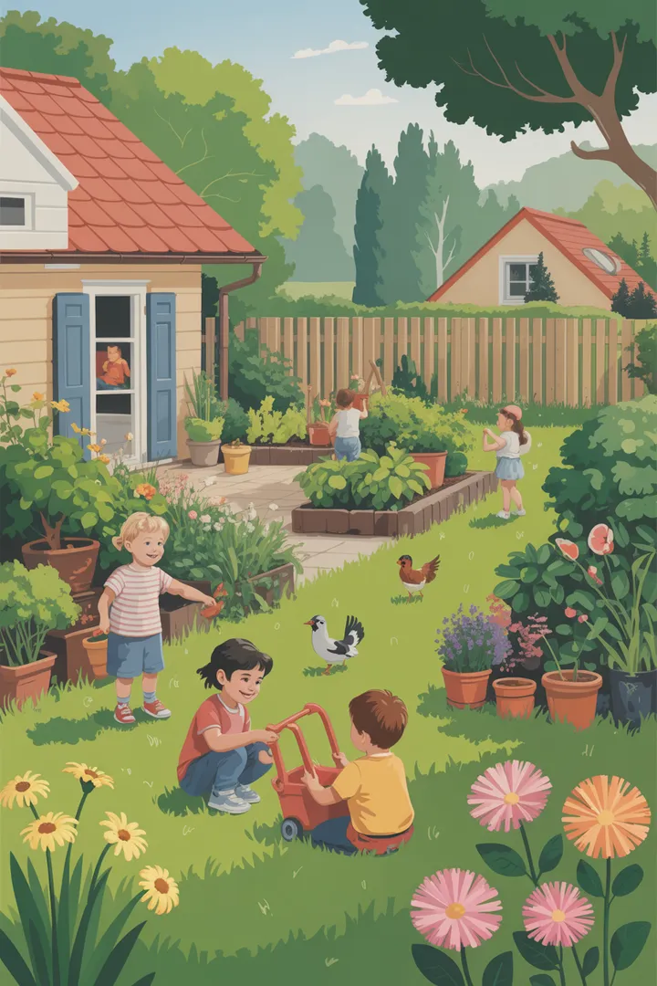 Ein lebendiger Landschaftsbereich, in dem Kinder fröhlich im Freien spielen, umgeben von verschiedenen Tieren und bunten Pflanzen, die die Freude am Landleben und der Natur verkörpern.