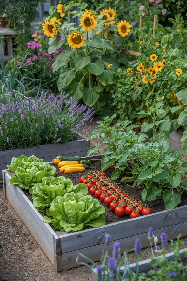 Ein idyllischer ländlicher Rückzugsort zeigt eine harmonische Kombination aus landwirtschaftlichen Elementen und blühenden Pflanzen, die zusammen einen einladenden Bereich auf einem Bauernhof mit Garten schaffen.