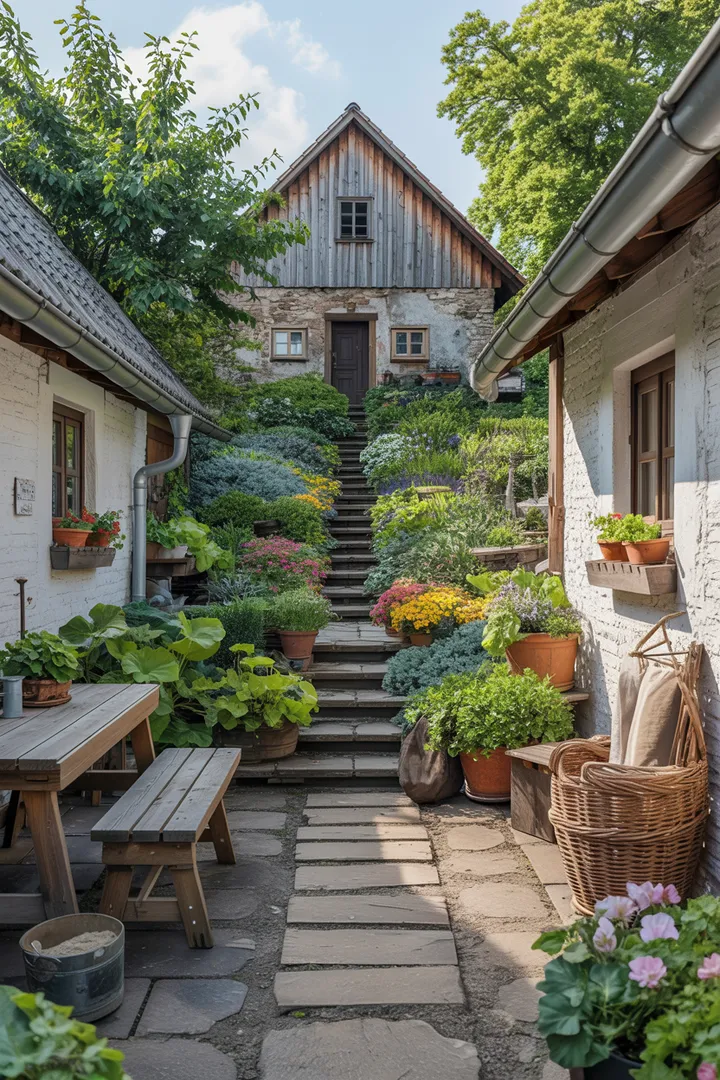 Ein idyllisches Landleben wird in dieser Zeichnung dargestellt, wo ein üppiger Garten und ein charmantes Landhaus harmonisch miteinander verschmelzen. Die Szenen vermitteln die Ruhe und den Reichtum eines Lebens voller Natur und Kreativität.