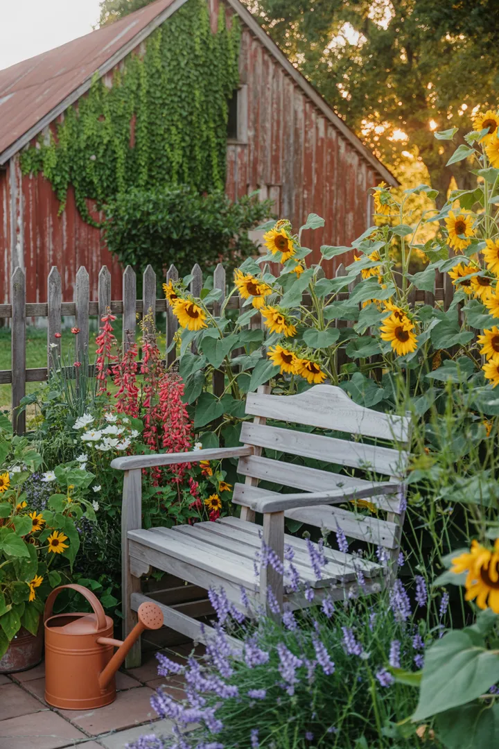 Ein idyllischer Bauernhof mit einem üppigen Garten, der blühende Pflanzen und frisches Gemüse zeigt. Die harmonische Landschaft strahlt ländliche Ruhe und natürliche Schönheit aus, ideal für Naturliebhaber.