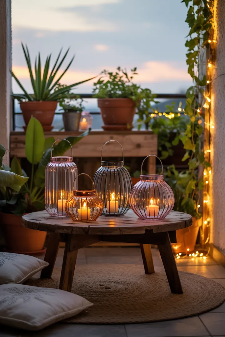 Ein stilvoll gestalteter Außenbereich mit gemütlichen Sitzgelegenheiten, lebendigen Pflanzen und geschmackvollen Akzenten, ideal für entspannte Stunden im Freien. Perfekte Inspiration für kreative Balkon Deko.