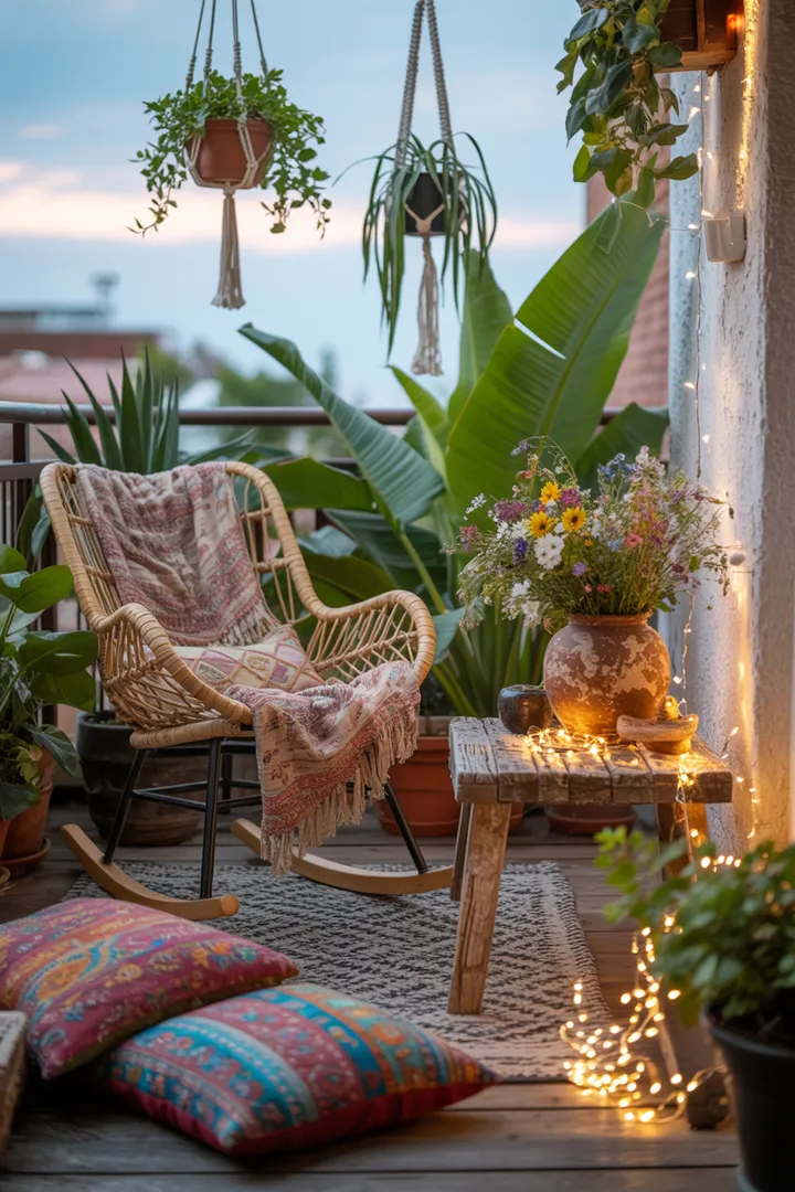 Ein einladender Außenbereich mit geschmackvoller Gestaltung, der Pflanzen, gemütliche Sitzmöbel und kreative Akzente kombiniert. Ideal für entspannte Stunden im Freien und inspirierende Ideen für Balkon Deko.