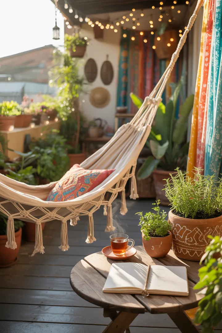 Eine stilvolle Outdoor-Oase mit gemütlichen Möbeln, Pflanzen und warmen Lichtern, ideal für entspannte Abende. Perfekte Inspiration für das kreative Gestalten eines Balkons.