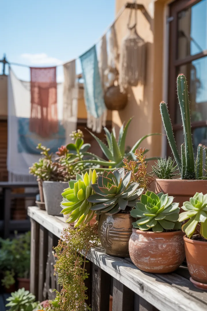 Ein stilvoll gestalteter Außenbereich mit lebendigen Pflanzen und gemütlichen Möbeln, ideal für eine entspannte Atmosphäre. Diese kreative Gestaltung bietet Inspiration für Balkon Deko und schafft einen einladenden Rückzugsort.