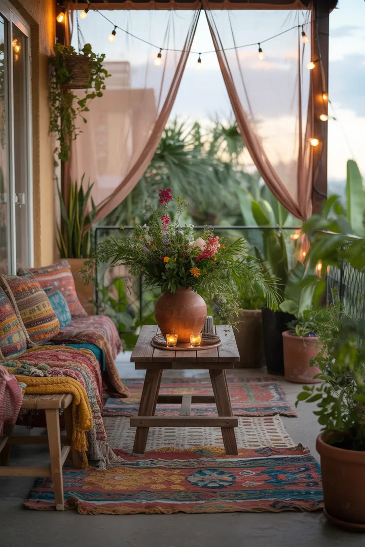 „Ein einladender Außenbereich mit stilvoller Gestaltung, der mit Pflanzen, gemütlichen Sitzmöbeln und dekorativen Elementen geschmückt ist. Perfekte Inspiration für kreative Balkon Deko und entspannende Momente im Freien.“