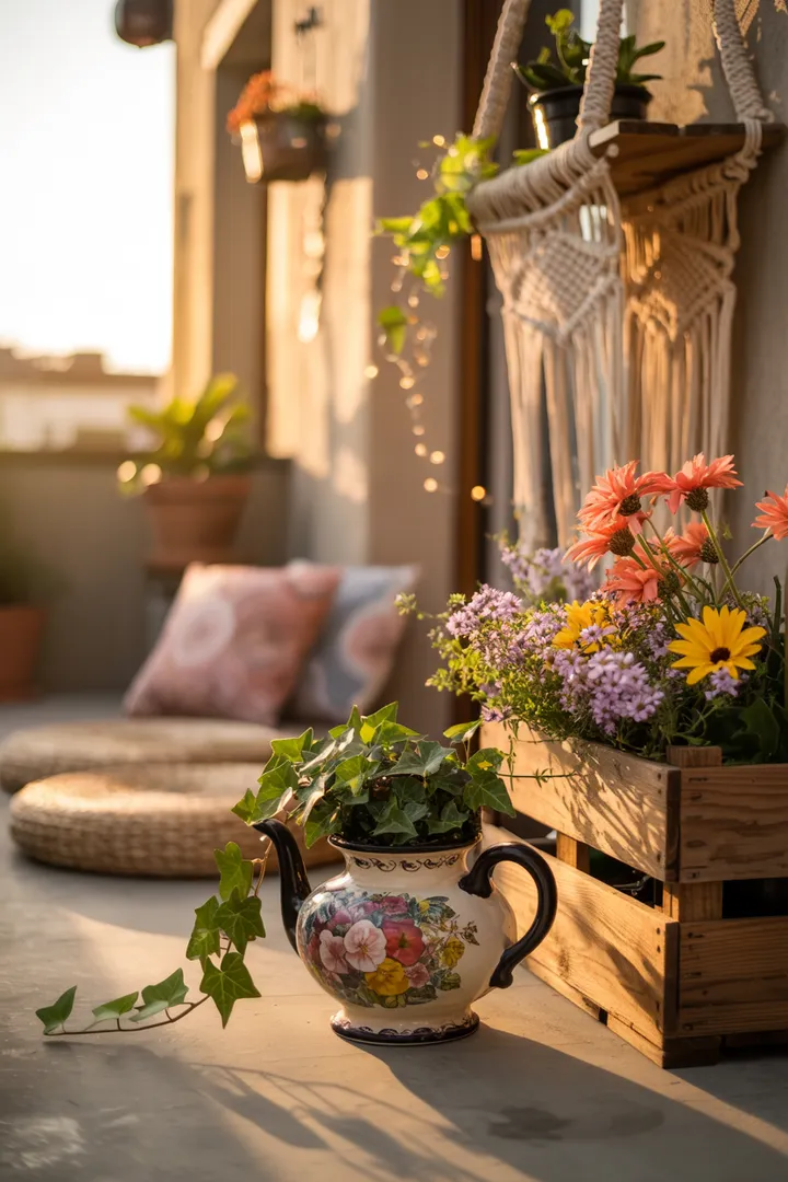 Ein stilvoll gestalteter Außenbereich mit gemütlichen Möbeln, Pflanzen und dekorativen Elementen, ideal für entspannte Stunden. Perfekt geeignet für die kreative Gestaltung eines Balkons.