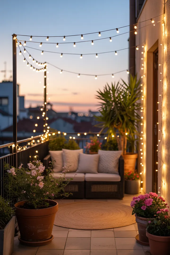 Ein stilvoll gestalteter Außenbereich mit gemütlichen Möbeln, Pflanzen und Dekorationen, ideal für entspannte Stunden im Freien. Perfekte Inspiration für das kreative Einrichten eines Balkons.