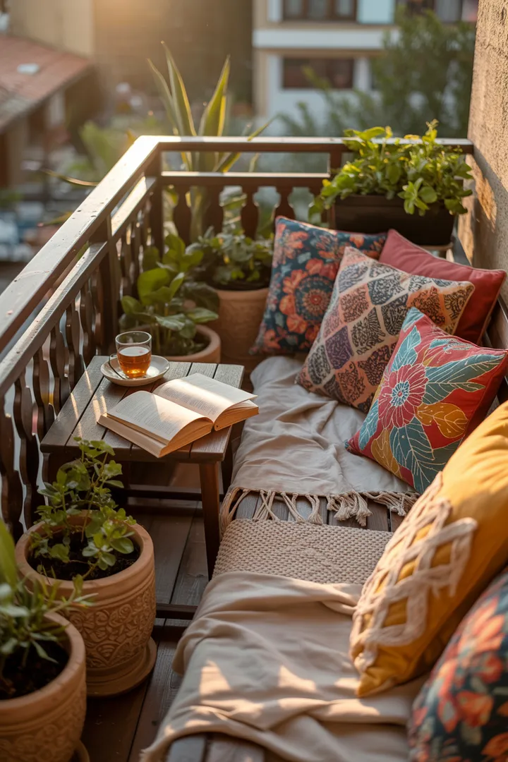 Ein einladender Außenbereich mit stilvollen Elementen zur Verschönerung, darunter Pflanzenarrangements, gemütliche Sitzmöglichkeiten und farbenfrohe Accessoires, die den Charme der Balkon Deko perfekt unterstreichen.