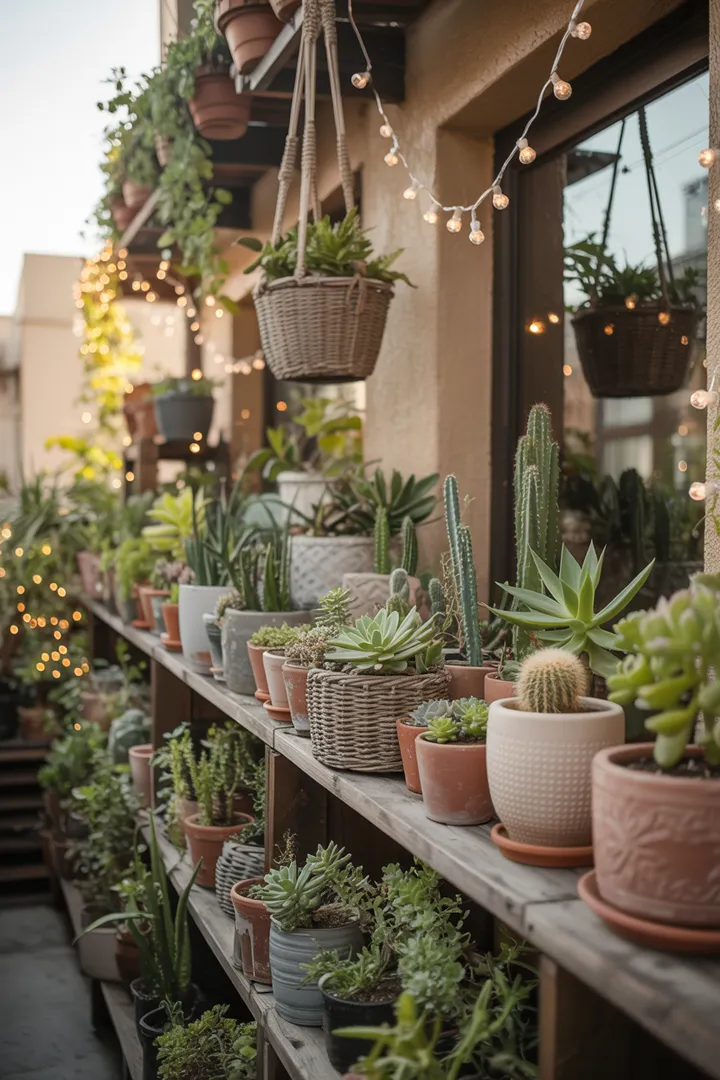 Ein stilvoll gestalteter Außenbereich mit gemütlichen Sitzmöglichkeiten und üppigen Pflanzen, ideal für entspannte Stunden im Freien. Perfekte Inspiration für das kreative Gestalten eines Balkons.