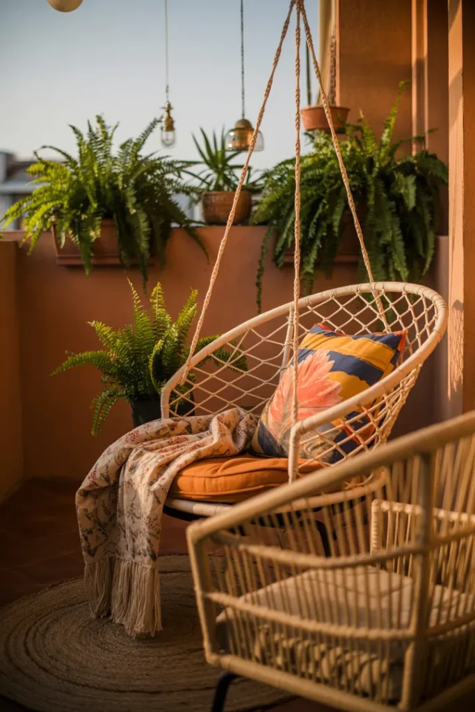 Eine einladende Freiluftoase mit entspannenden Pflanzen, gemütlichen Sitzgelegenheiten und warmen Farben, die eine harmonische, natürliche Atmosphäre schafft und inspirierende Ideen für eine stilvolle Boho-Balkon-Gestaltung bietet.