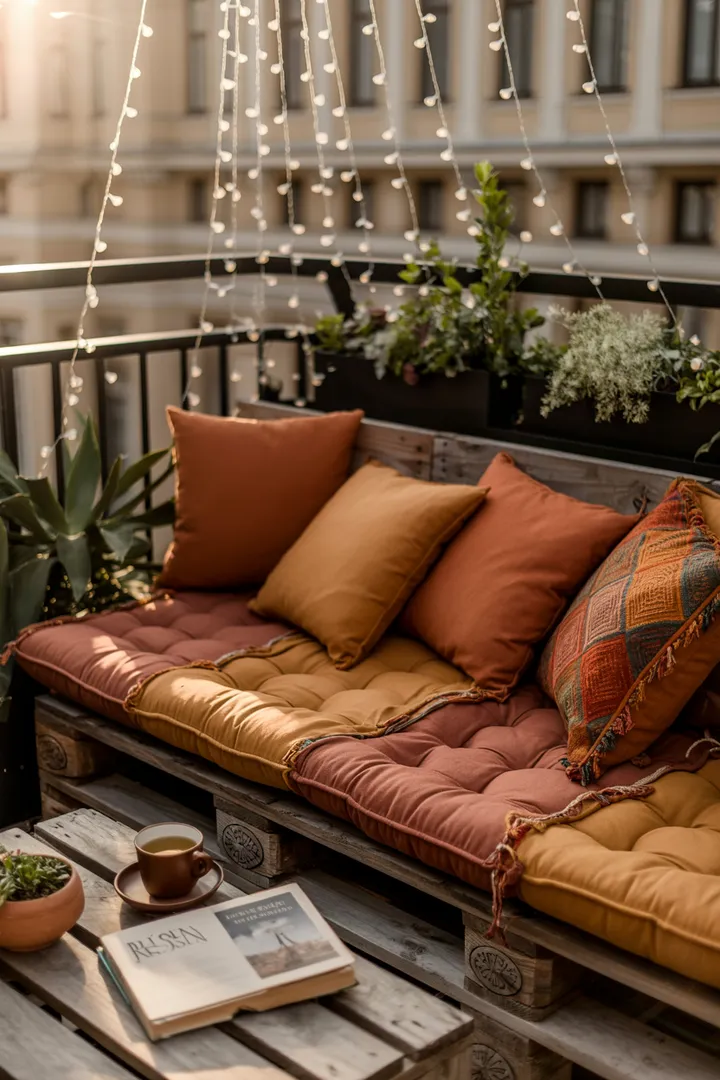 Ein einladender Außenbereich mit Sitzgelegenheiten und Pflanzen, ideal für entspannte Stunden im Freien. Perfekt für die Gestaltung eines Appartements mit einem gemütlichen Balkon, der zum Verweilen einlädt.