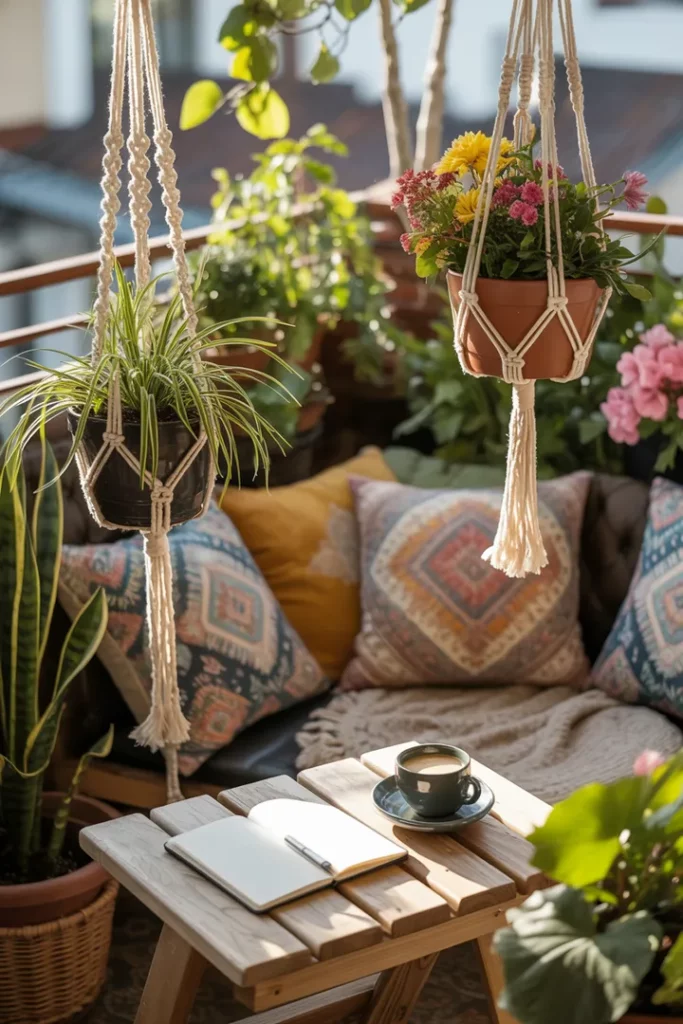Ein einladender Außenbereich mit gemütlichen Möbeln, üppigen Pflanzen und warmem Licht schafft eine entspannende Atmosphäre. Ideal für kreative Ideen zur Verschönerung von kleinen Freiflächen. Balkon Inspiration für alle Jahreszeiten.