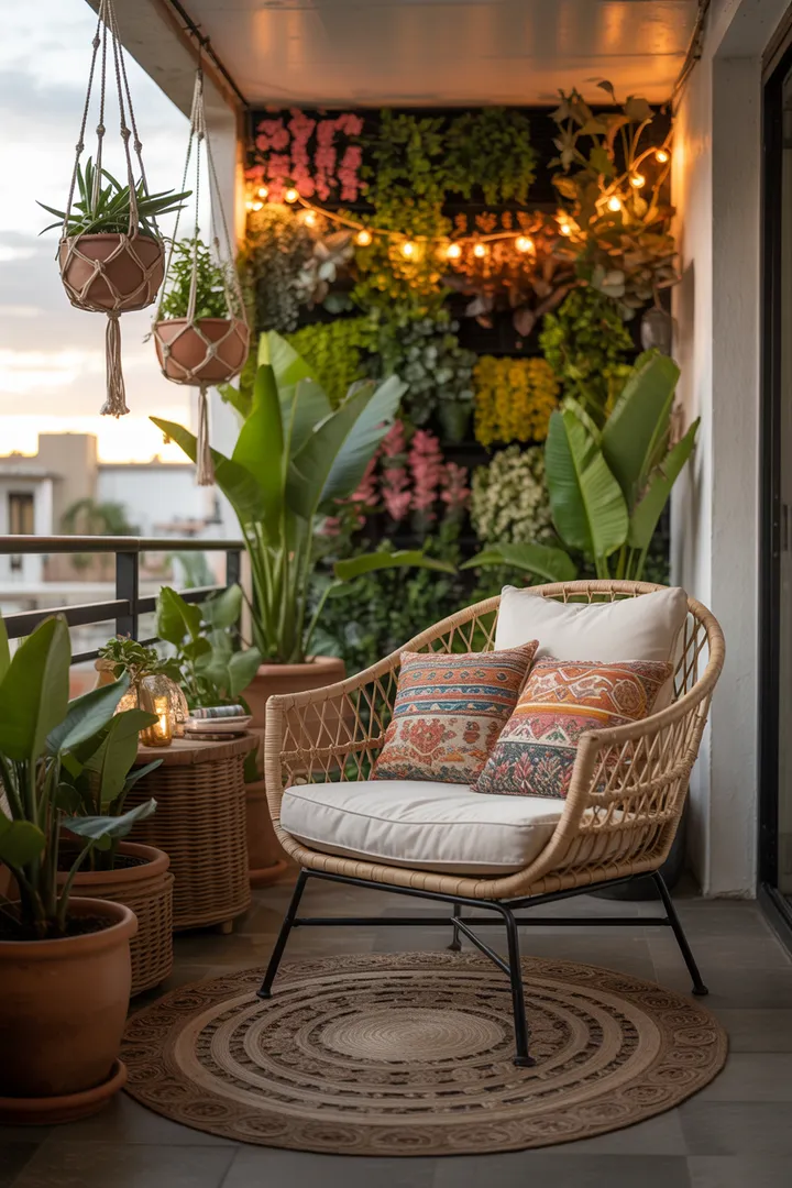 Ein stilvoll gestalteter Außenbereich zeigt gemütliche Möbel und üppige Pflanzen, ideal für entspannte Stunden im Freien. Perfekter Inspirationsquelle für jeden, der einen einzigartigen Balkonentwurf plant.