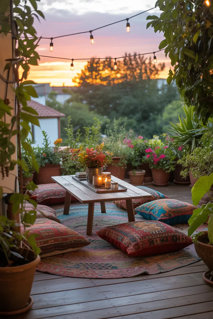 Ein gemütliches Wohnzimmer mit einer harmonischen Kombination aus bunten Kissen auf einem weichen Teppich, der eine warme Atmosphäre schafft und zum Entspannen einlädt. Farbige Akzente bringen Leben in den Raum.