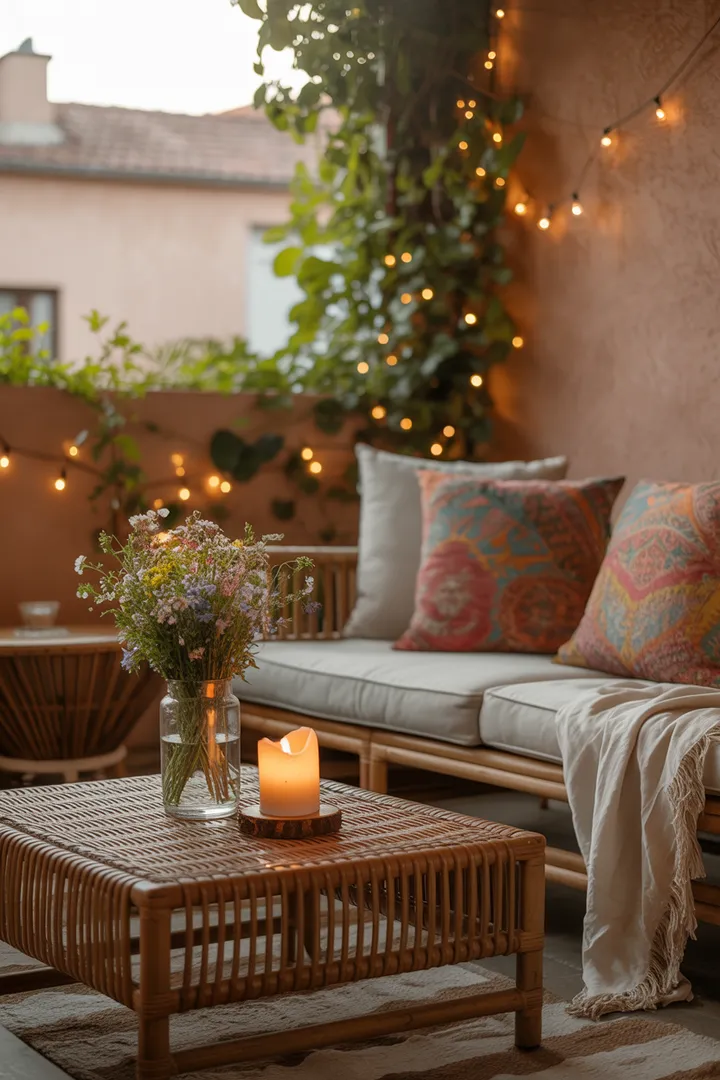 Ein stilvoll eingerichteter Raum mit einer harmonischen Kombination aus handgefertigten Textilien und eleganten Rattanmöbeln, die eine gemütliche, einladende Atmosphäre schaffen und natürliche Elemente betonen.